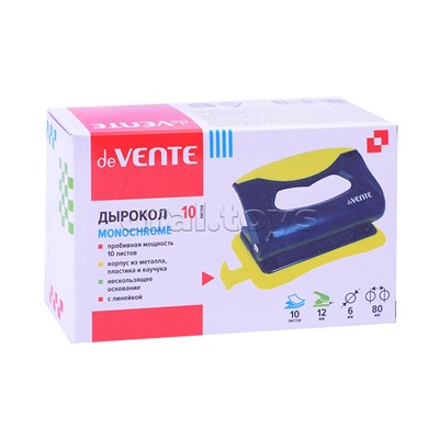 Дырокол "MonoChrome" (10 листов) пластиковый с каучуковой вставкой, с линейкой, в картонной коробке, черный с неоновым желтым