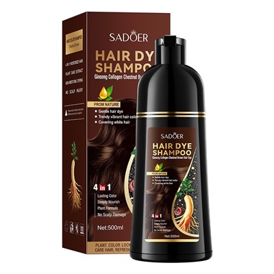 Шампунь для коричневых волос оттеночный с женьшенем, черным кунжутом и грибом рейши Sadoer, 500 мл.