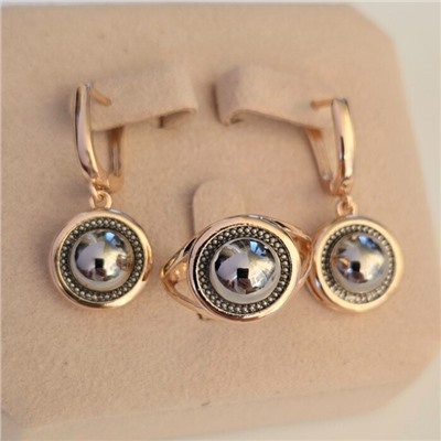 Комплект ювелирной бижутерии коллекция "Дубай" серьги и кольцо 20 р, покрытие позолота и вставка из посеребрения, арт.216.439-20