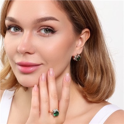 Комплект ювелирная бижутерия коллекция  "Дубай" серьги и кольцо 17 р, покрытие: позолота, вставка: фианиты, цвет: зеленый и прозрачный, арт.313.119-17