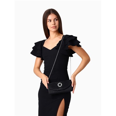 Сумка-клатч женская вечерняя на магните, на длинной цепочке, с декоративной пряжкой, блестящая, чёрная