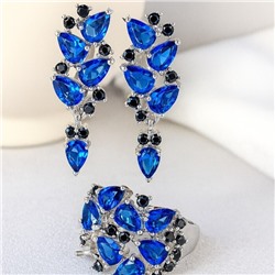 Комплект ювелирная бижутерия серьги и кольцо 17 р, покрытие: посеребрение, вставка: фианиты, цвет: синий и черный, арт.313.035-17