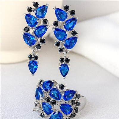 Комплект ювелирная бижутерия серьги и кольцо 20 р, покрытие: посеребрение, вставка: фианиты, цвет: синий и черный, арт.313.035-20