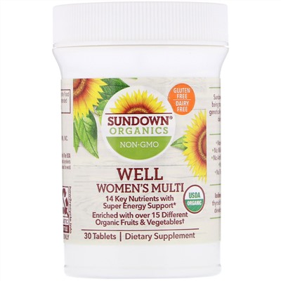 Sundown Organics, Well, мультивитамины для женщин, 1 порция в день, 30 таблеток