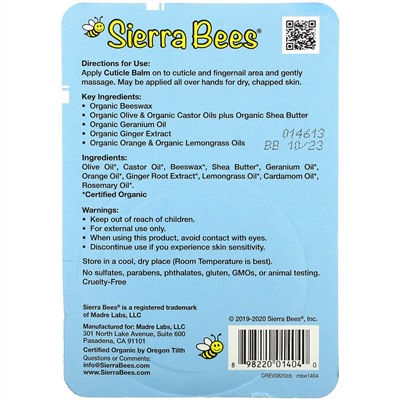 Sierra Bees, бальзам для ухода за кутикулой, герань, апельсин и лемонграсс, 17 г (0,6 унции)