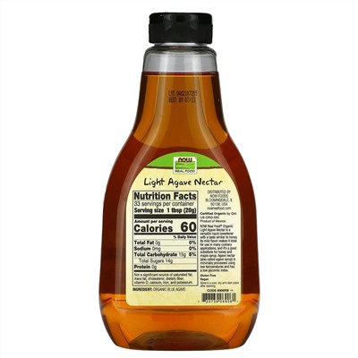 Now Foods, Real Food, Organic Agave Nectar, Light, 23.28 oz (660 g)