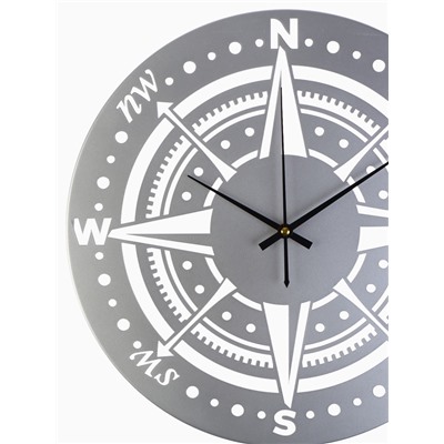 Часы настенные интерьерные «Компас», бесшумные, плавный ход, d=40 см, металл, серебристые