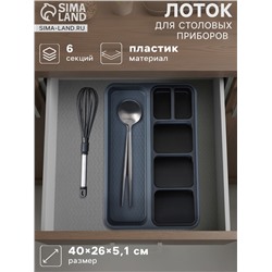 Лоток для столовых приборов FOLYlife, 40×26×5.1 см, 6 отделений, пластик, серый, чёрный