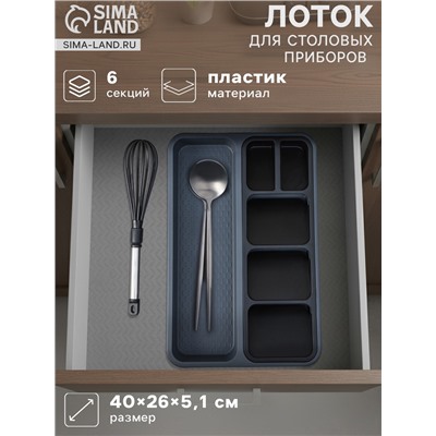 Лоток для столовых приборов FOLYlife, 40×26×5.1 см, 6 отделений, пластик, серый, чёрный