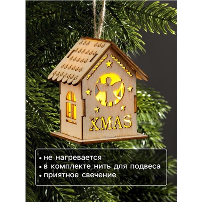 Ёлочная игрушка «Домик с ангелом», 6×4.5×4.5 см, от батареек, свечение тёплое белое