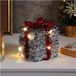 Светодиодная фигура из мишуры «Подарок серебристый» 12×9 см, 10 LED, батарейки AG10×3 (в комплекте), свечение тёплое белое