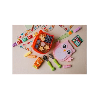 Ланч-бокс для еды с ложкой «Совушка», пластик, 2 отделения: 300 мл, 450 мл, в школу, розовый