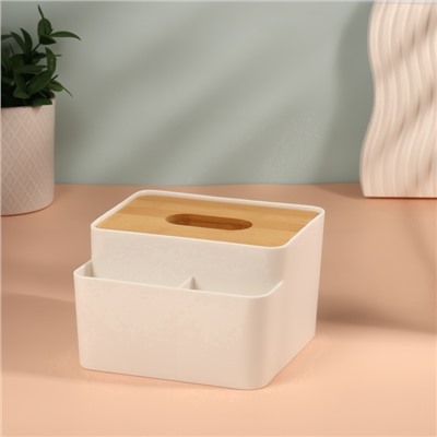Органайзер для хранения «BAMBOO», с крышкой, 3 секции, 16×15×10 см, белый, коричневый