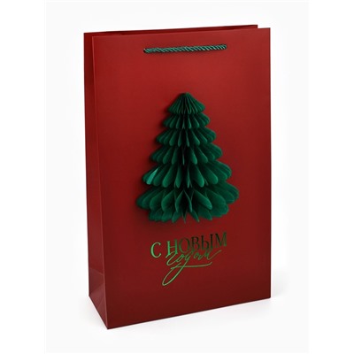 Пакет подарочный «Новый год», тиснение, с бумажной объёмной ёлкой, 25.5×30×9 см