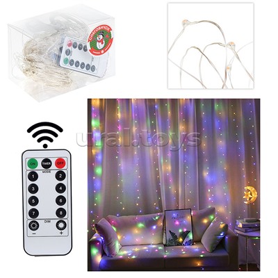Электрогирлянда-занавес Роса, 3*3м, 300 ламп, USB, пульт, цветная