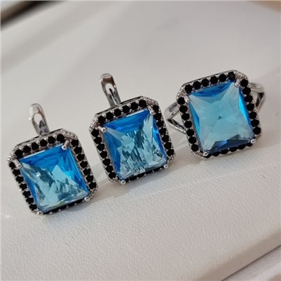 Комплект ювелирной бижутерии коллекция "Дубай" серьги и кольцо 20 р покрытие посеребрение, вставка: стекло и цирконы, цвет: голубой и черный, арт.215.542-20