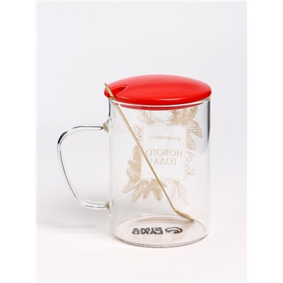 Кружка новогодняя с ложкой и крышкой «Волшебного нового года», 470 мл