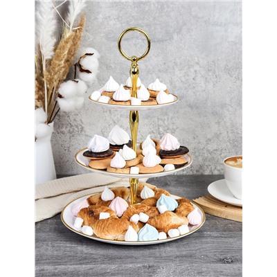 Ваза для фруктов 3-х ярусная 15/20/25 Круг белая золотой обод / D-1245 /уп 65/ Пластик