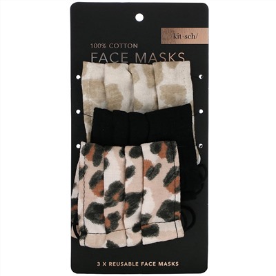 Kitsch, 100% Cotton Reuseable Face Masks, Leopard, 3 Pack