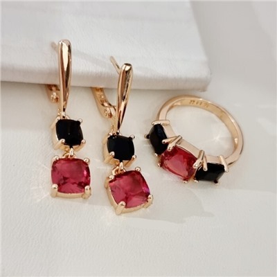 Комплект ювелирной бижутерии коллекция "Дубай" серьги и кольцо 20 р, покрытие позолота, вставка: стекло, цвет: черный и рубиновый, арт.414.202-20