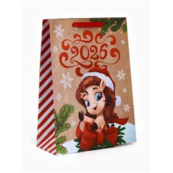 Пакет новогодний крафтовый подарочный «Новый год 2026», лошадь, L 31×40×11.5 см