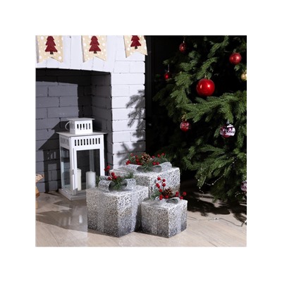 Светодиодная фигура «Серебристые подарки» 15, 20, 25 см, текстиль, металл, 220 В, свечение тёплое белое