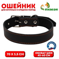 Ошейник кожаный на синтепоне, 70×3.5 см, ОШ 45-60 см, чёрный