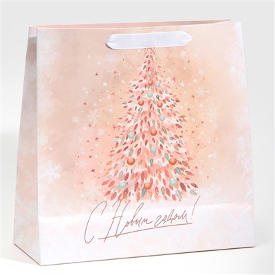 Пакет подарочный новогодний ламинированный квадратный Pink, 30×30×12 см