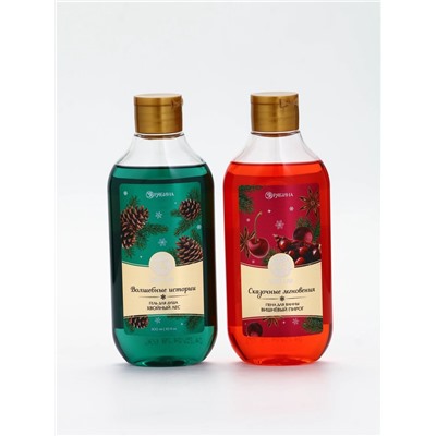 Подарочный набор новогодний в деревянной корзине: гель для душа, пена для ванны и полотенце, аромат хвойный лес и вишнёвый пирог, URAL LAB