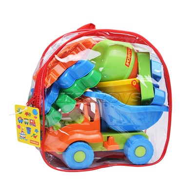 Набор №301 (в рюкзаке): "Муравей", автомобиль-самосвал + ведро малое, лопатка №5, грабельки №5, формочки (самосвал + паровоз + белочка + пёсик + котёнок + медведь), лейка малая №4