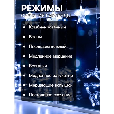 Гирлянда «Бахрома» 2.4×0.9 м с насадками «Олень», IP20, прозрачная нить, 138 LED, свечение белое, 8 режимов, 220 В