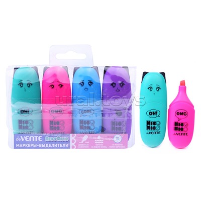 Набор маркеров-выделителей "NicoNico" (04 цв - цвета: бирюза, роз, голуб., фиол) плоский мини-корпус с запечаткой, скошенный наконечник, ширина линии 1-5 мм, в пластиковом блистере