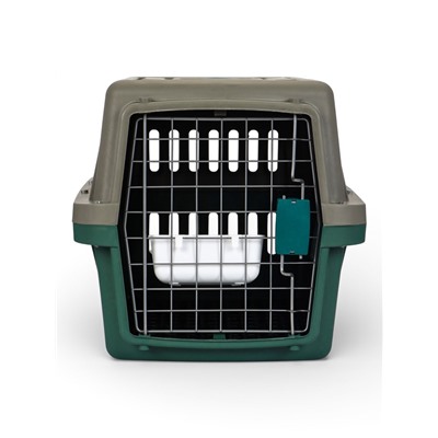 Переноска для животных, 59×36×35 см, с сеткой и чашей, пластик, серая, зелёная