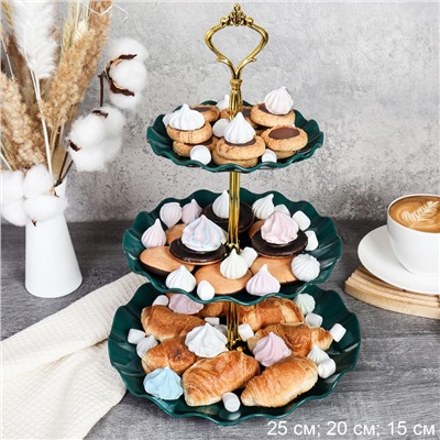 Ваза для сервировки 3-х ярусная 15/20/25 Круг Волна зеленая / D-1267 /уп 80/ Пластик/689068