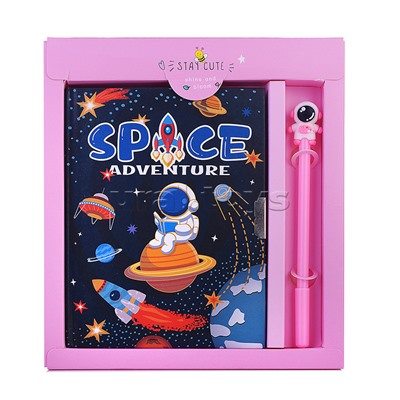 Подарочный блокнот в футляре, 20 см * 22,5 см, ручка, линия, 50 л., "Космос, приключения", розовый