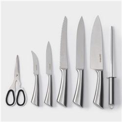 Набор ножей кухонных на подставке Доляна Ardone, 7 предметов: 5 ножей, мусат и ножницы, хромированный