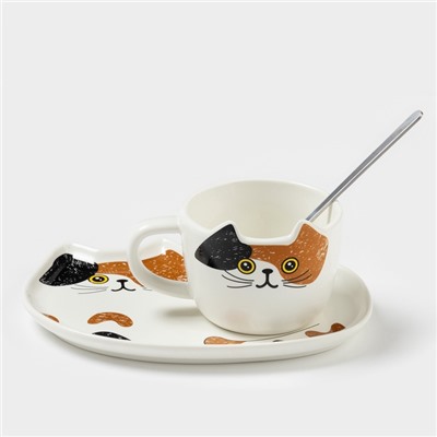 Чайная пара «Котик», 3 предмета: чашка 200 мл, блюдце 18.8×13.6 см, ложка, керамика, белая