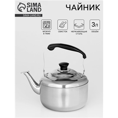 Чайник со свистком, 3 л, нержавеющая сталь, хромированный