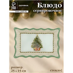 Блюдо новогоднее сервировочное Доляна «Рождественская ель», 25×15 см, стекло, белое, зелёное