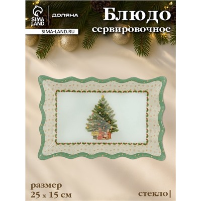 Блюдо новогоднее сервировочное Доляна «Рождественская ель», 25×15 см, стекло, белое, зелёное