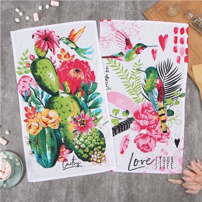 Набор полотенец кухонный «Доляна. Счастливые птички», 35×60 см-2 шт., 100% хлопок