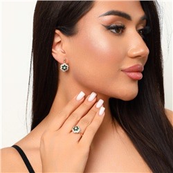 Комплект ювелирной бижутерии Дубайское золото серьги и кольцо, покрытие позолота, вставка: фианиты, цвет: зеленый и прозрачный, р-р 19, 0112, арт.214.525-19