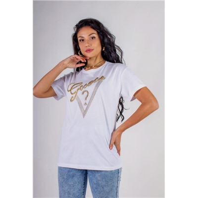Футболка "Guess" с треугольником стразы, камешки, бусины (Белый)