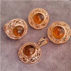 Комплект ювелирная бижутерия коллекция  "Дубай", серьги, кольцо и кулон, покрытие: позолота, вставка: иск. янтарь, р-р. 19, арт. 314.462-19
