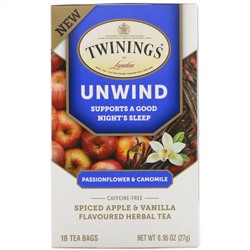 Twinings, Успокаивающий травяной чай, страстоцвет и ромашка, пряное яблоко и ваниль, без кофеина, 18 пакетиков по 0,95 унц. (27 г)