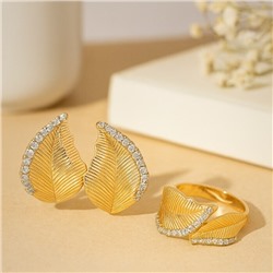 Комплект ювелирной бижутерии Итальянское золото (покрытие желтое 14к) серьги и кольцо 19 р, вставка: фианиты, цвет: прозрачный, арт.217.407-19