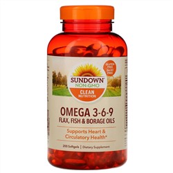 Sundown Naturals, омега 3-6-9, масла льна и бурачника и рыбий жир, 200 мягких таблеток