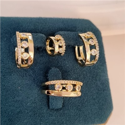 Комплект ювелирной бижутерии Итальянское золото (покрытие желтое 14к), серьги, кулон и кольцо 17 р, вставка: фианиты, цвет: прозрачный, арт.314.844-17