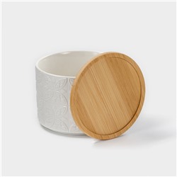 Банка для хранения сыпучих продуктов BellaTenero «Листья», 330 мл, d=10 см, с бамбуковой крышкой, фарфоровая, цвет белый