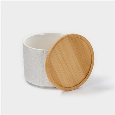 Банка для хранения сыпучих продуктов BellaTenero «Листья», 330 мл, d=10 см, с бамбуковой крышкой, фарфоровая, цвет белый
